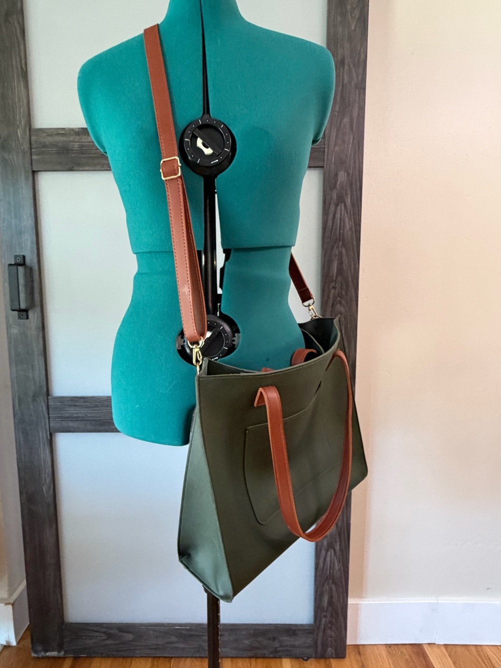2 Way Olive Tote with Brown Straps - Classic Everyday Shoulder or Crossbody Bag
